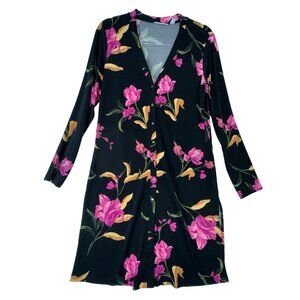 Susan Graver Floral Print Button Front Dress Jacket Cardigan‎ Black Stretch XS